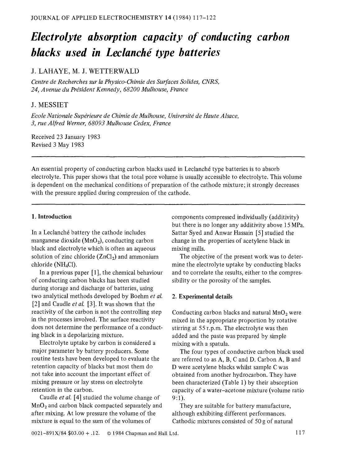 Electrolyte absorption capacity of conducting carbon blacks used in Leclanché type batteries by Unknown