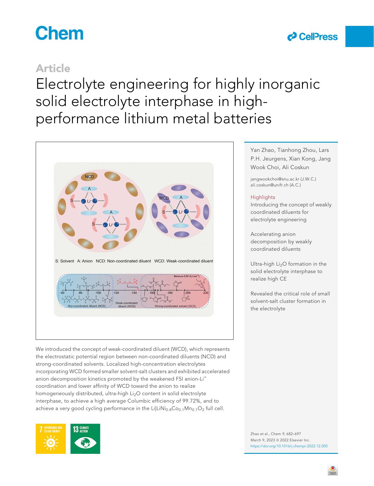 Electrolyte engineering for highly inorganic solid electrolyte interphase in high-performance lithium metal batteries by Yan Zhao & Tianhong Zhou & Lars P.H. Jeurgens & Xian Kong & Jang Wook Choi & Ali Coskun