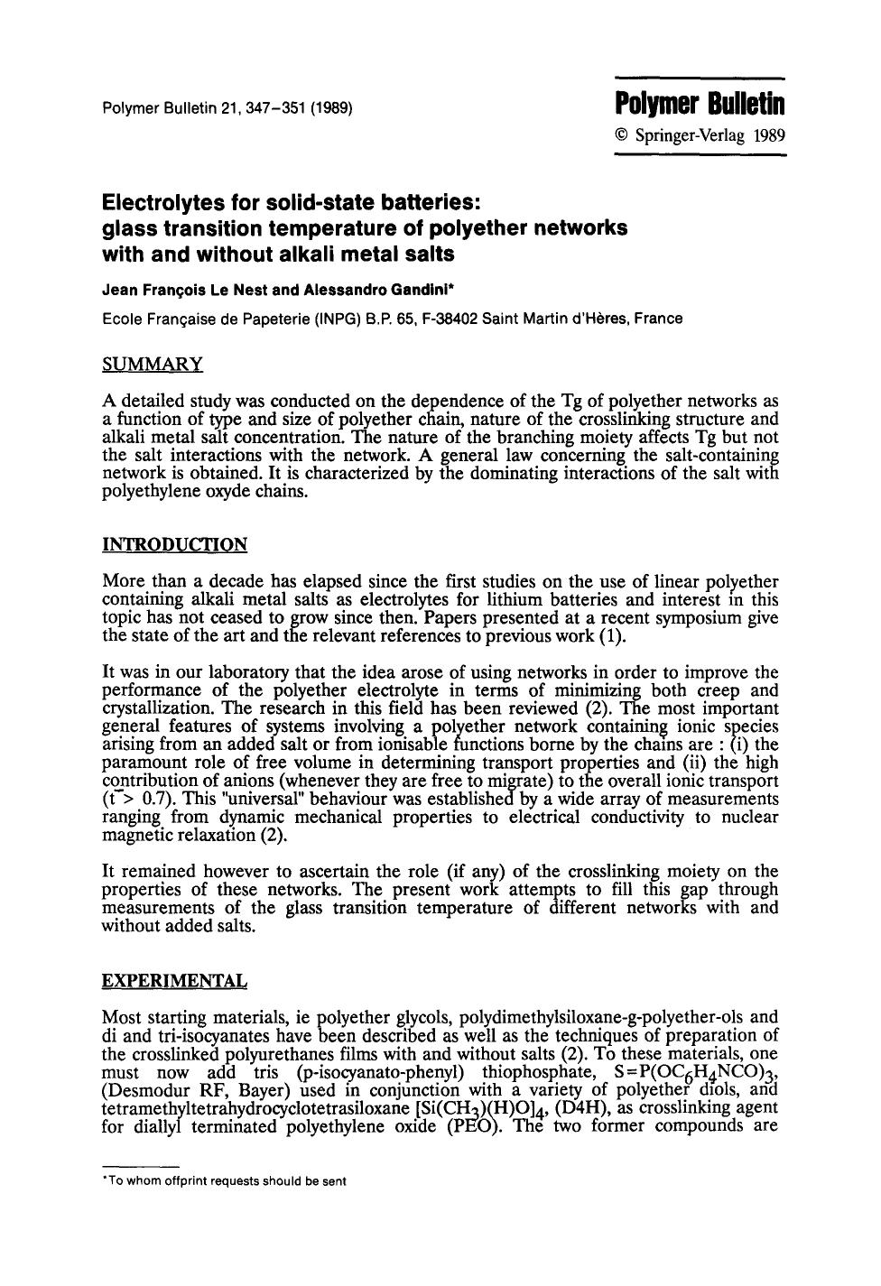 Electrolytes for solid-state batteries: glass transition temperature of polyether networks with and without alkali metal salts by Unknown