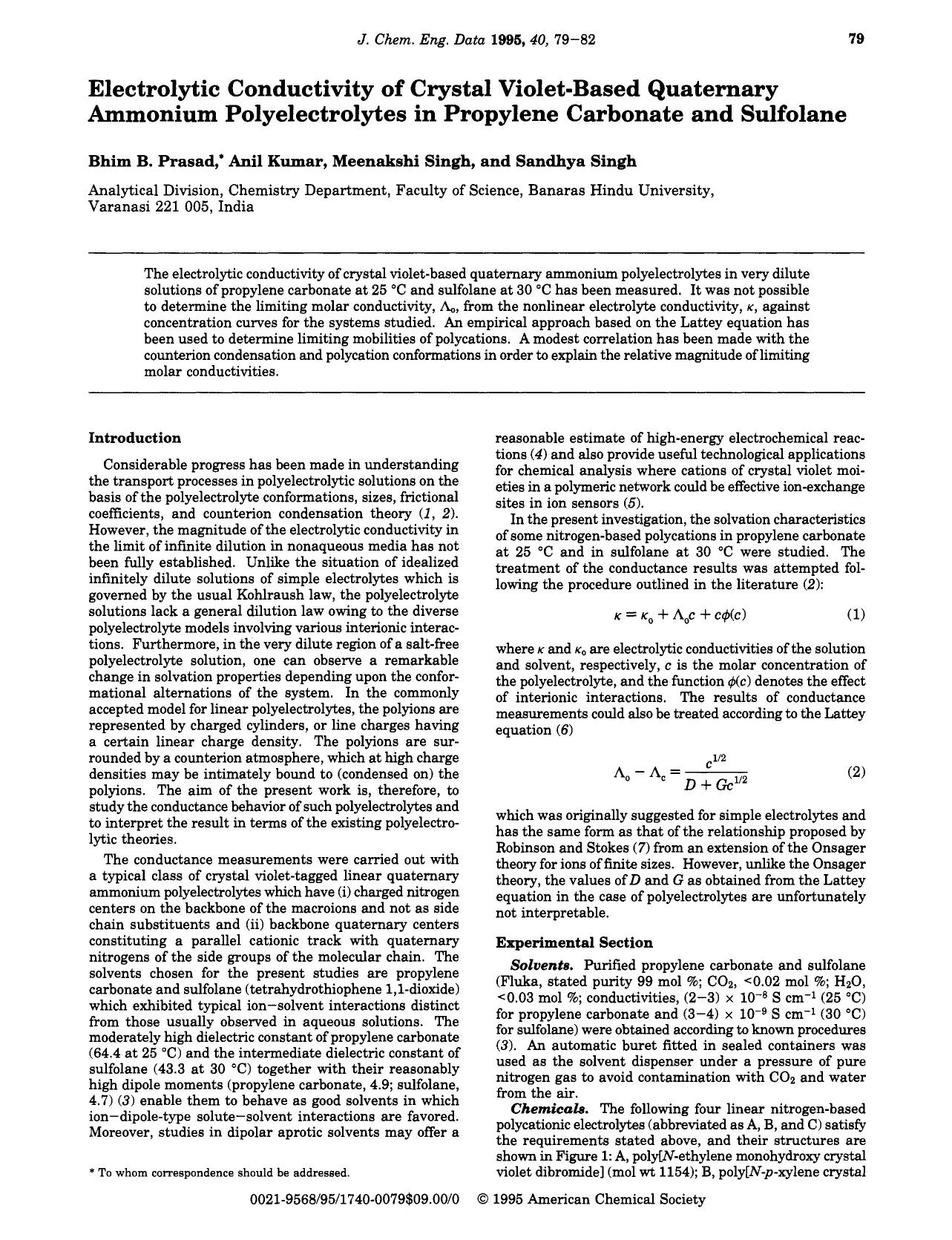 Electrolytic Conductivity of Crystal Violet-Based Quaternary Ammonium Polyelectrolytes in Propylene Carbonate and Sulfolane by Bhim B. Prasad Anil Kumar Meenakshi Singh Sandhya Singh