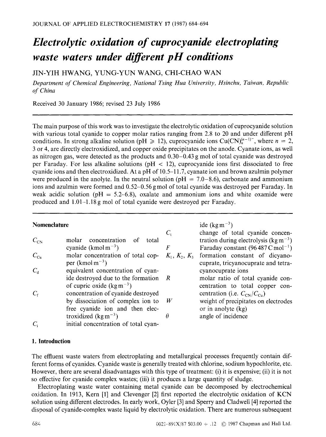 Electrolytic oxidation of cuprocyanide electroplating waste waters under different pH conditions by Unknown