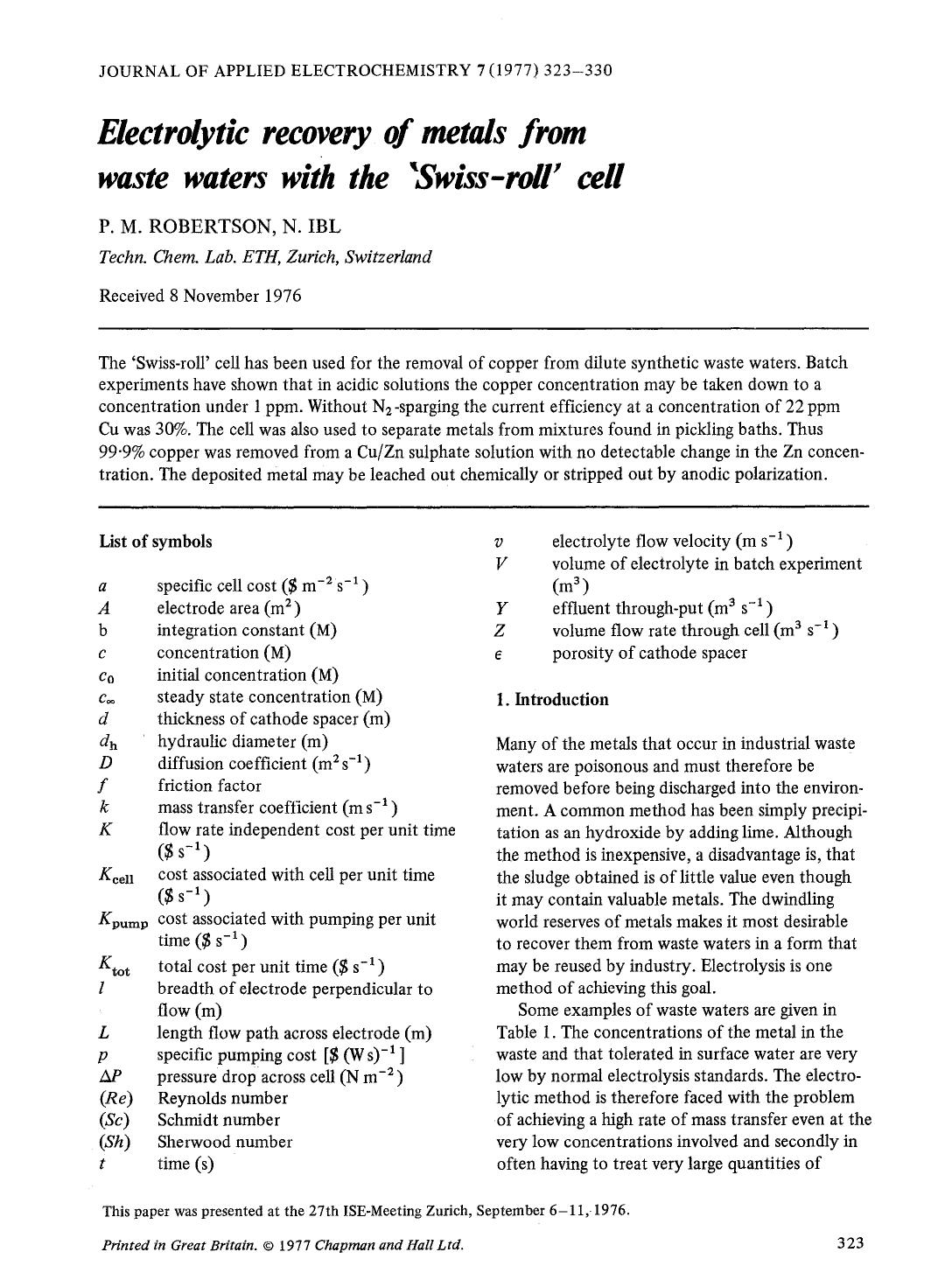 Electrolytic recovery of metals from waste waters with the ‘Swiss-roll’ cell by Unknown