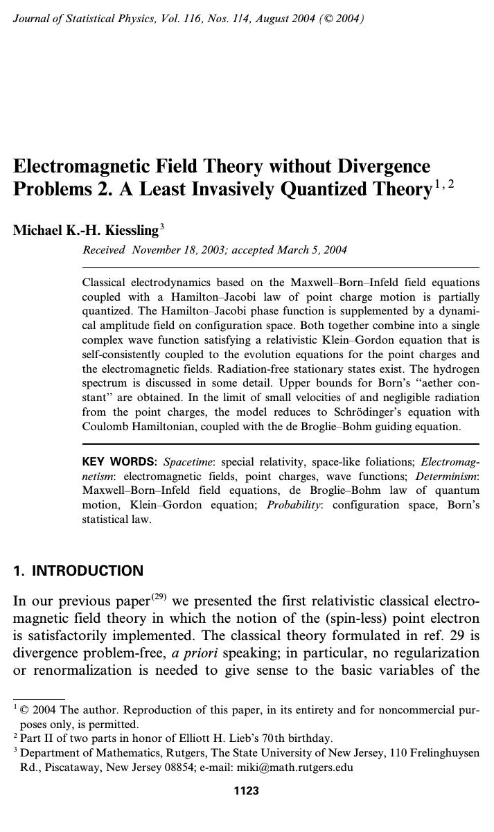 Electromagnetic Field Theory Without Divergence Problems 2. A Least Invasively Quantized Theory by Unknown