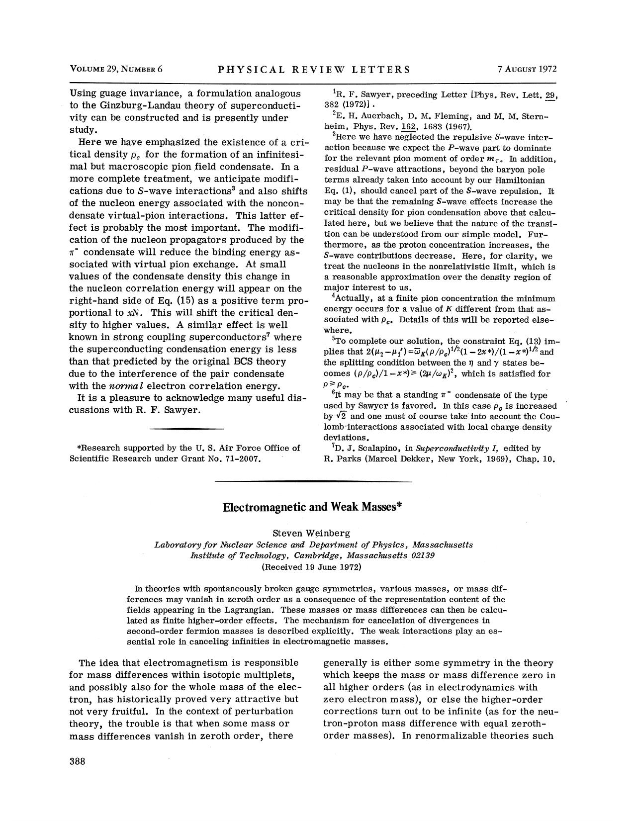 Electromagnetic and Weak Masses by Steven Weinberg