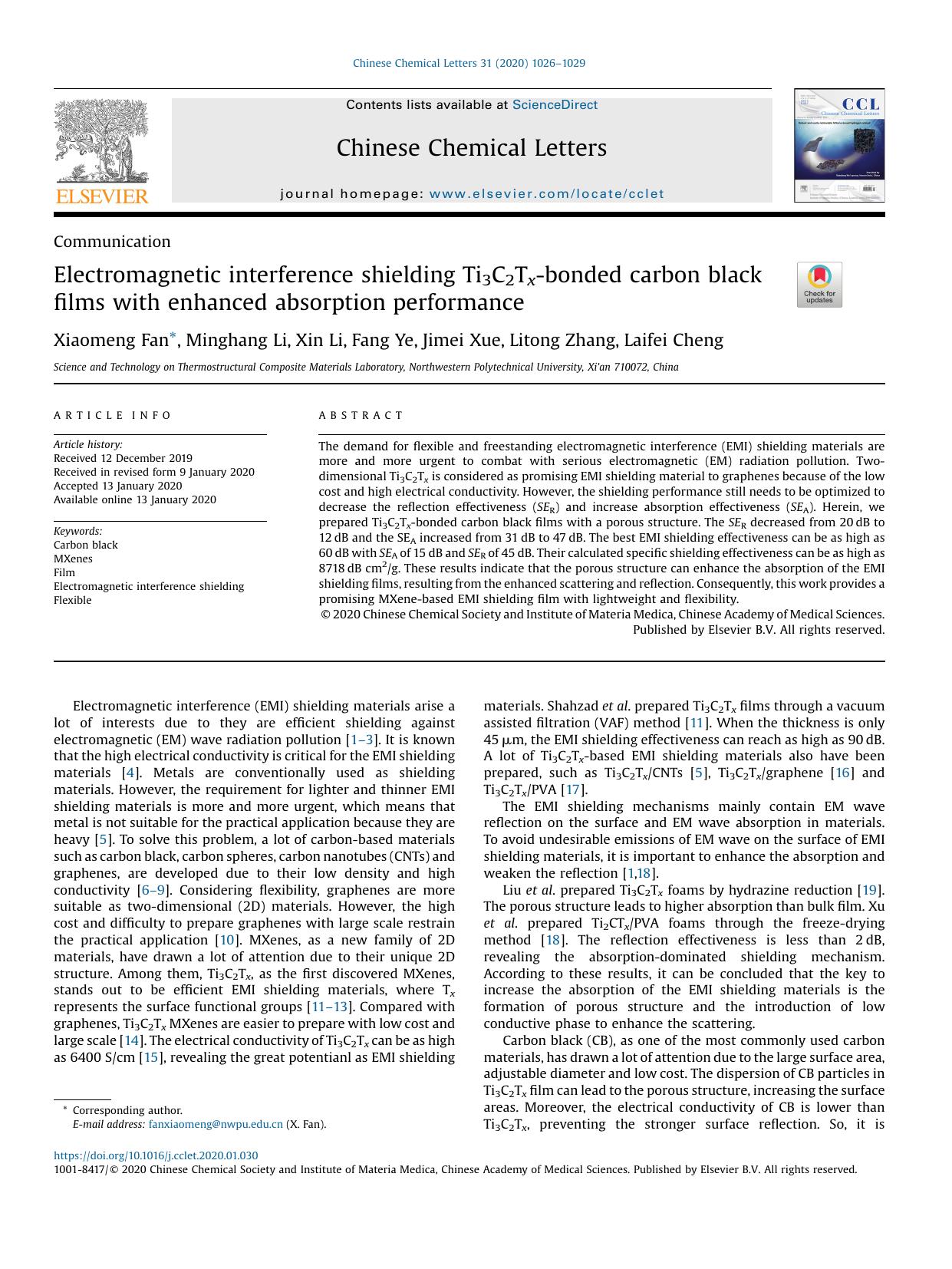 Electromagnetic interference shielding Ti3C2Tx-bonded carbon black films with enhanced absorption performance by Xiaomeng Fan & Minghang Li & Xin Li & Fang Ye & Jimei Xue & Litong Zhang & Laifei Cheng