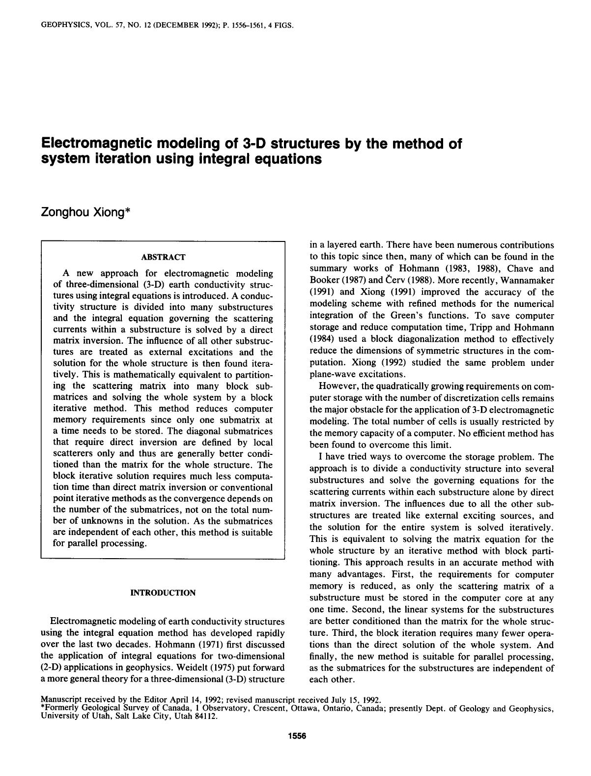 Electromagnetic modeling of 3-D structures by the method of system iteration using integral equations by Xiong Z
