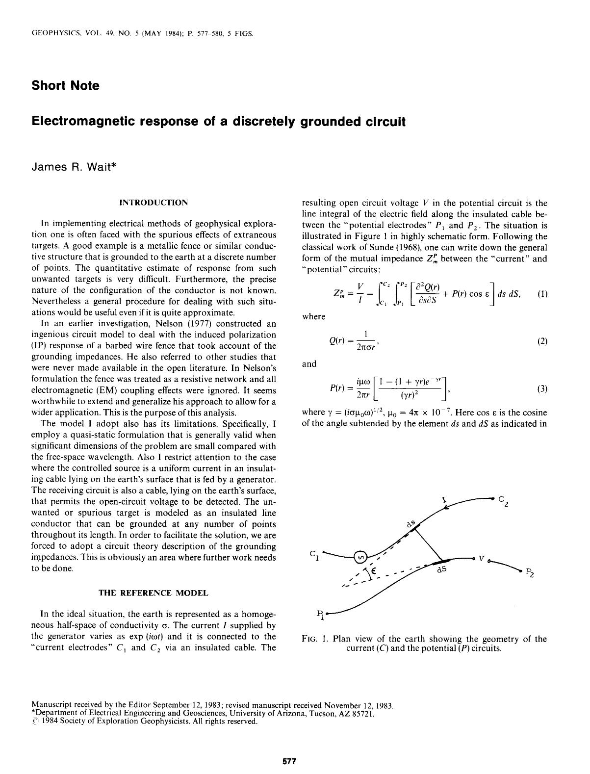 Electromagnetic response of a discretely grounded circuit: SHORT NOTE by Wait J. R