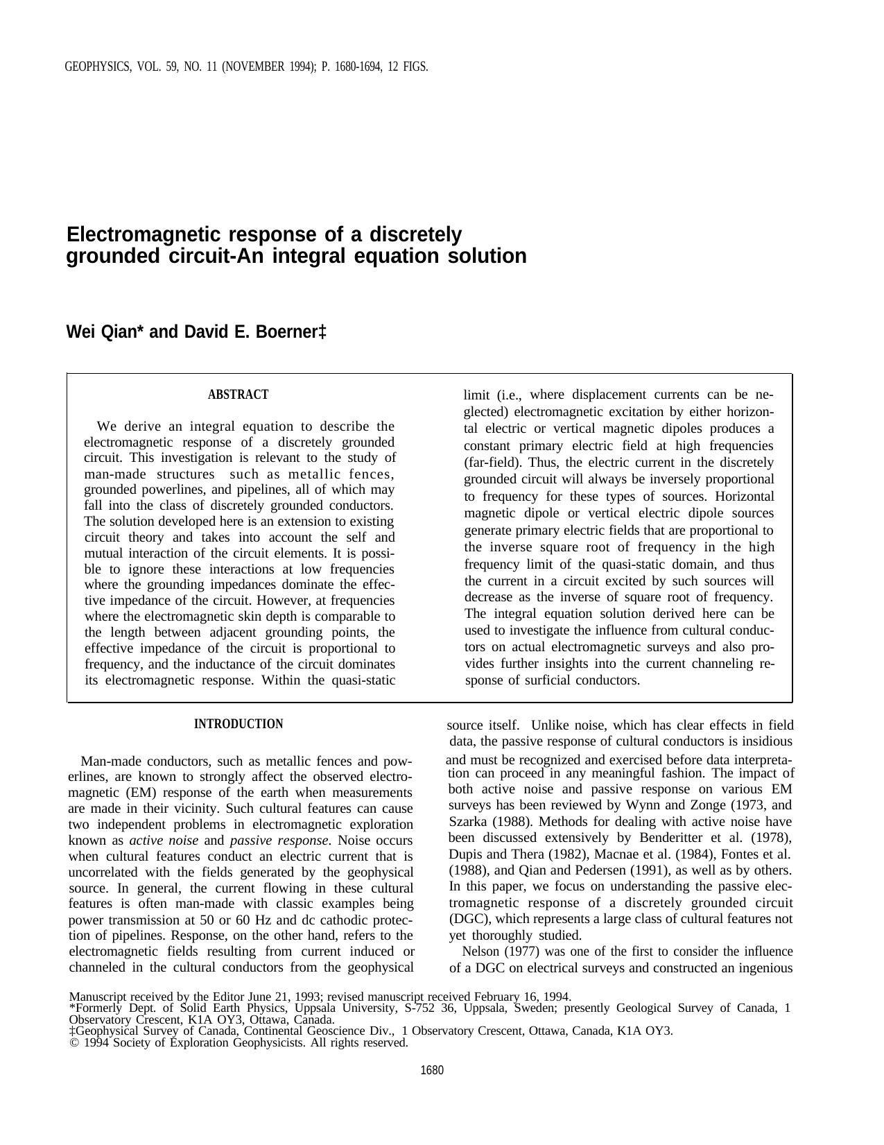 Electromagnetic response of a discretely grounded circuit; an integral equation solution by W. Qian D. E. Boerner