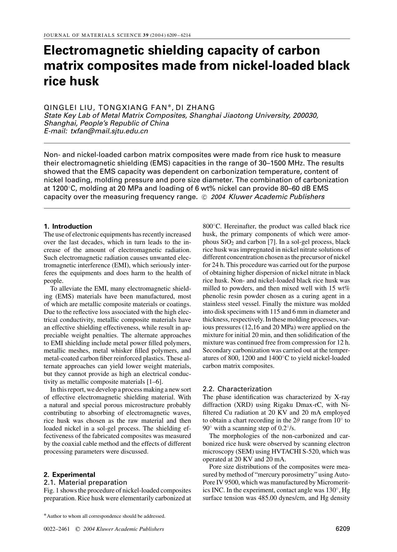 Electromagnetic shielding capacity of carbon matrix composites made from nickel-loaded black rice husk by Unknown