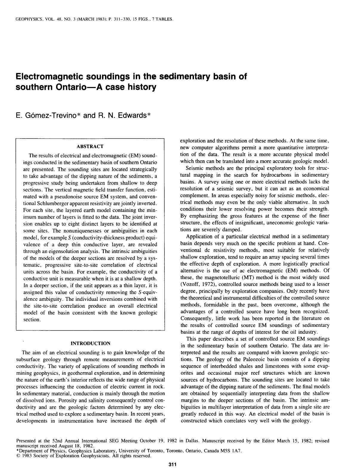 Electromagnetic soundings in the sedimentary basin of southern Ontario--A case history by Gomez-Trevino E.; Edwards R. N