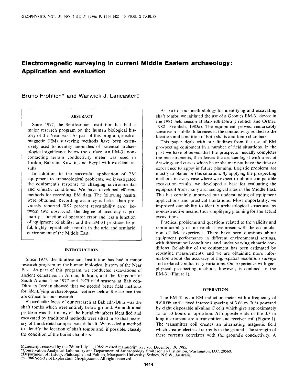 Electromagnetic surveying in current Middle Eastern archaeology: Application and evaluation by Frohlich B.; Lancaster W. J