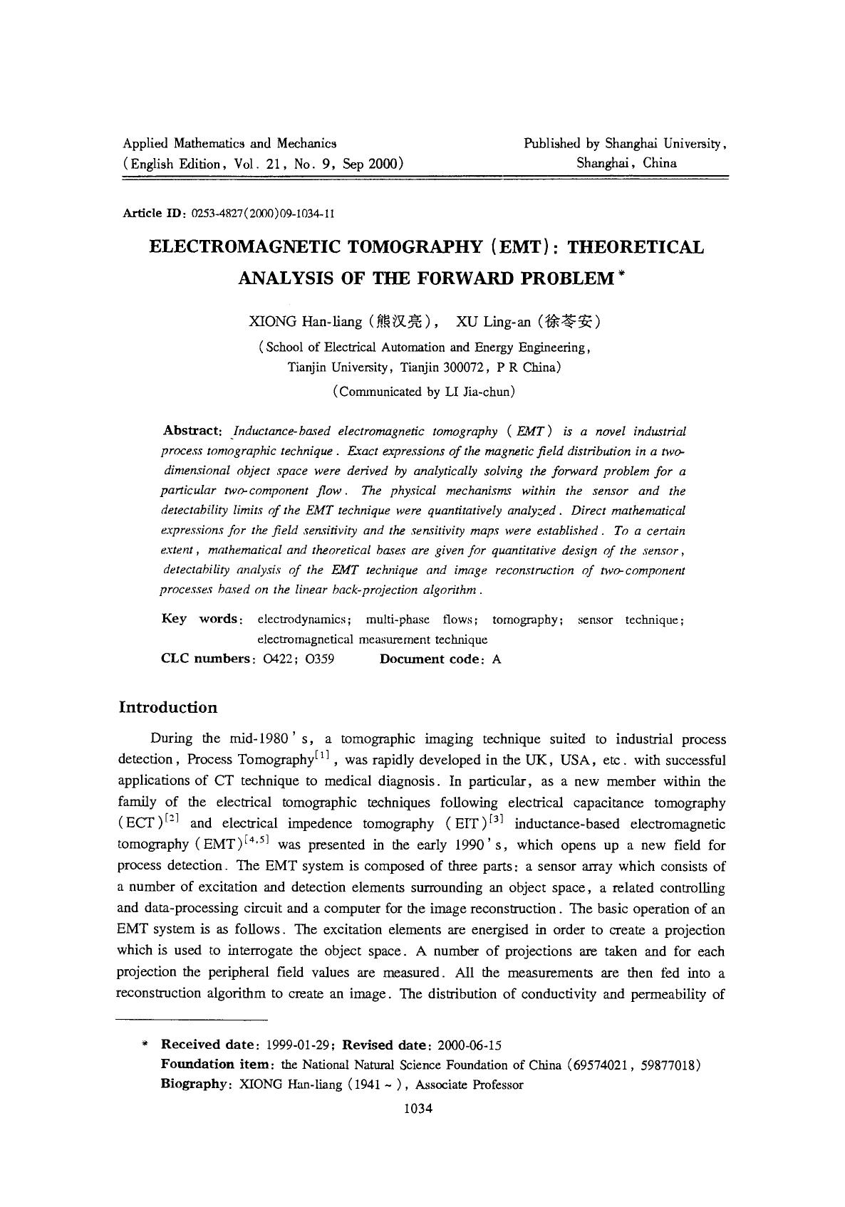 Electromagnetic tomography (EMT): Theoretical analysis of the forward problem by Unknown