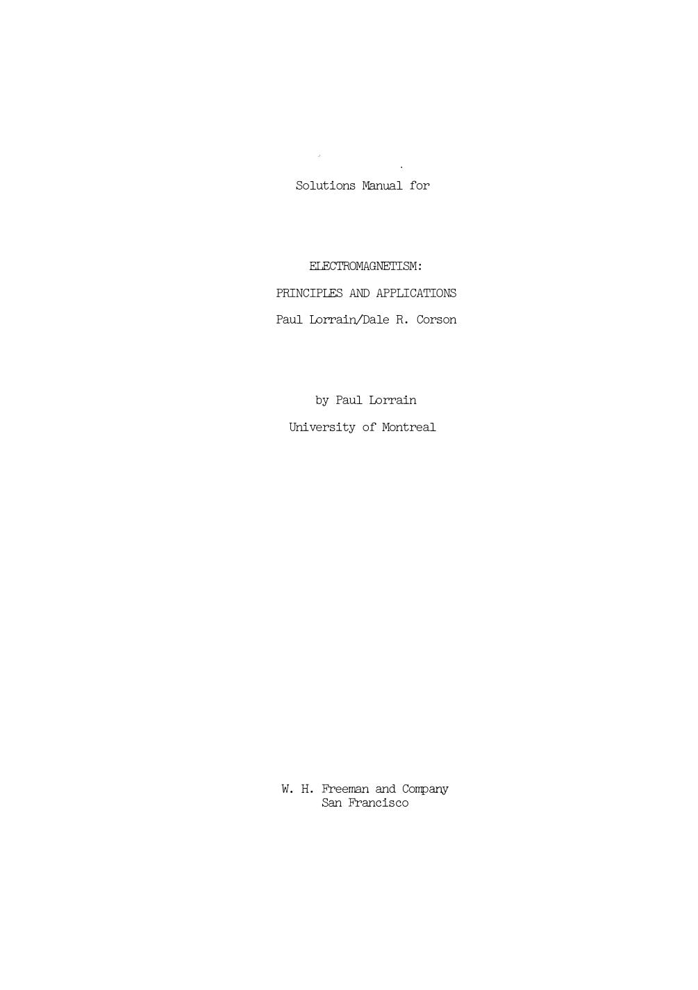 Electromagnetism: Principles and Applications: Solutions Manual by Paul Lorrain Dale R. Corson