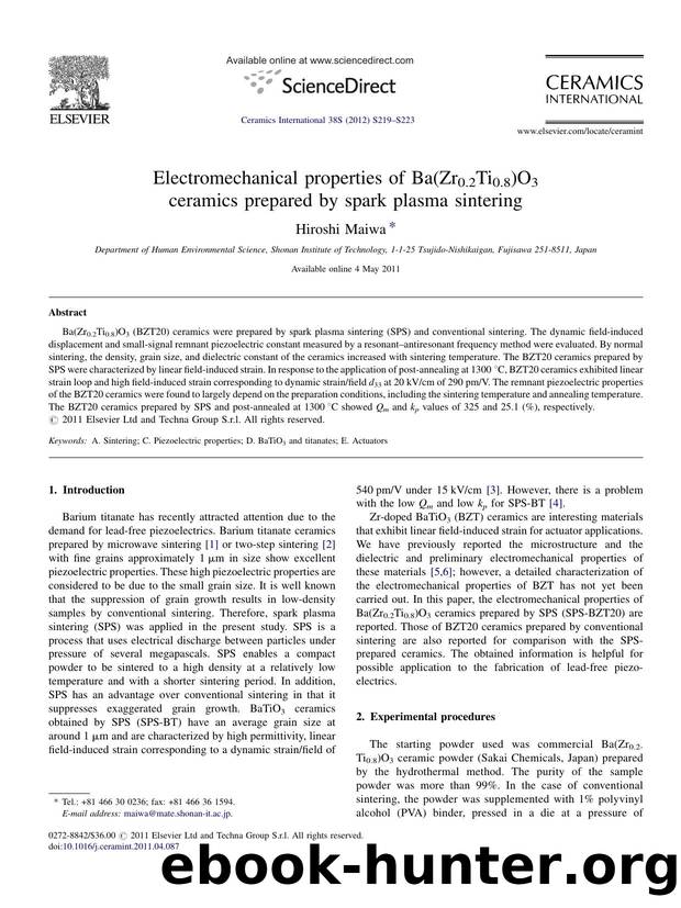 Electromechanical properties of Ba(Zr0.2Ti0.8)O3 ceramics prepared by spark plasma sintering by Hiroshi Maiwa