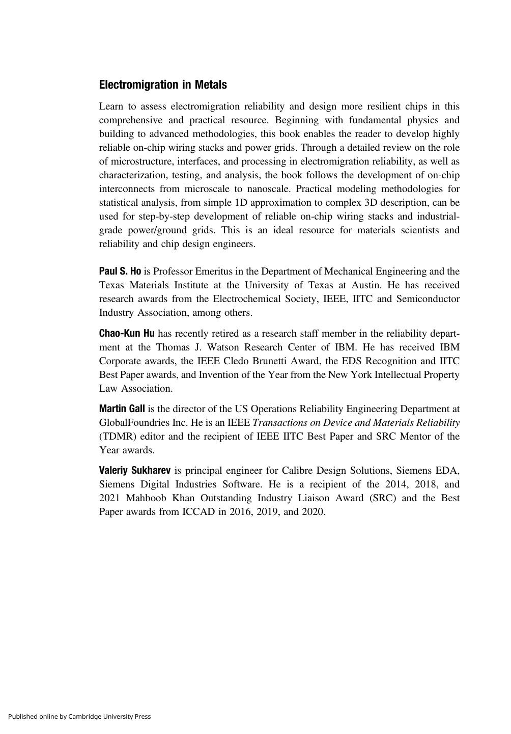 Electromigration in Metals: Fundamentals to Nano-Interconnects by Paul S. Ho Chao-Kun Hu Martin Gall Valeriy Sukharev