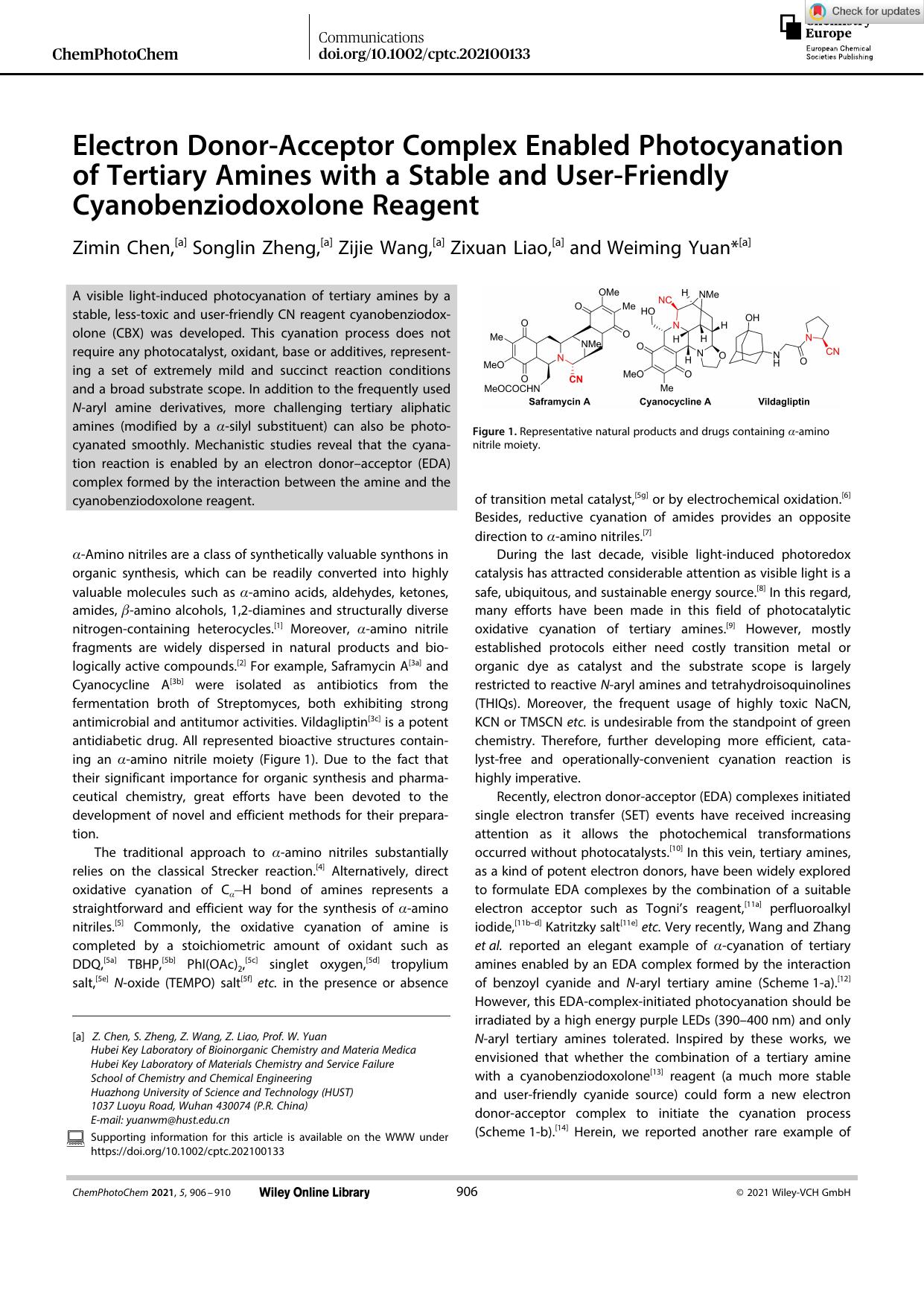 Electron DonorâAcceptor Complex Enabled Photocyanation of Tertiary Amines with a Stable and UserâFriendly Cyanobenziodoxolone Reagent by Unknown