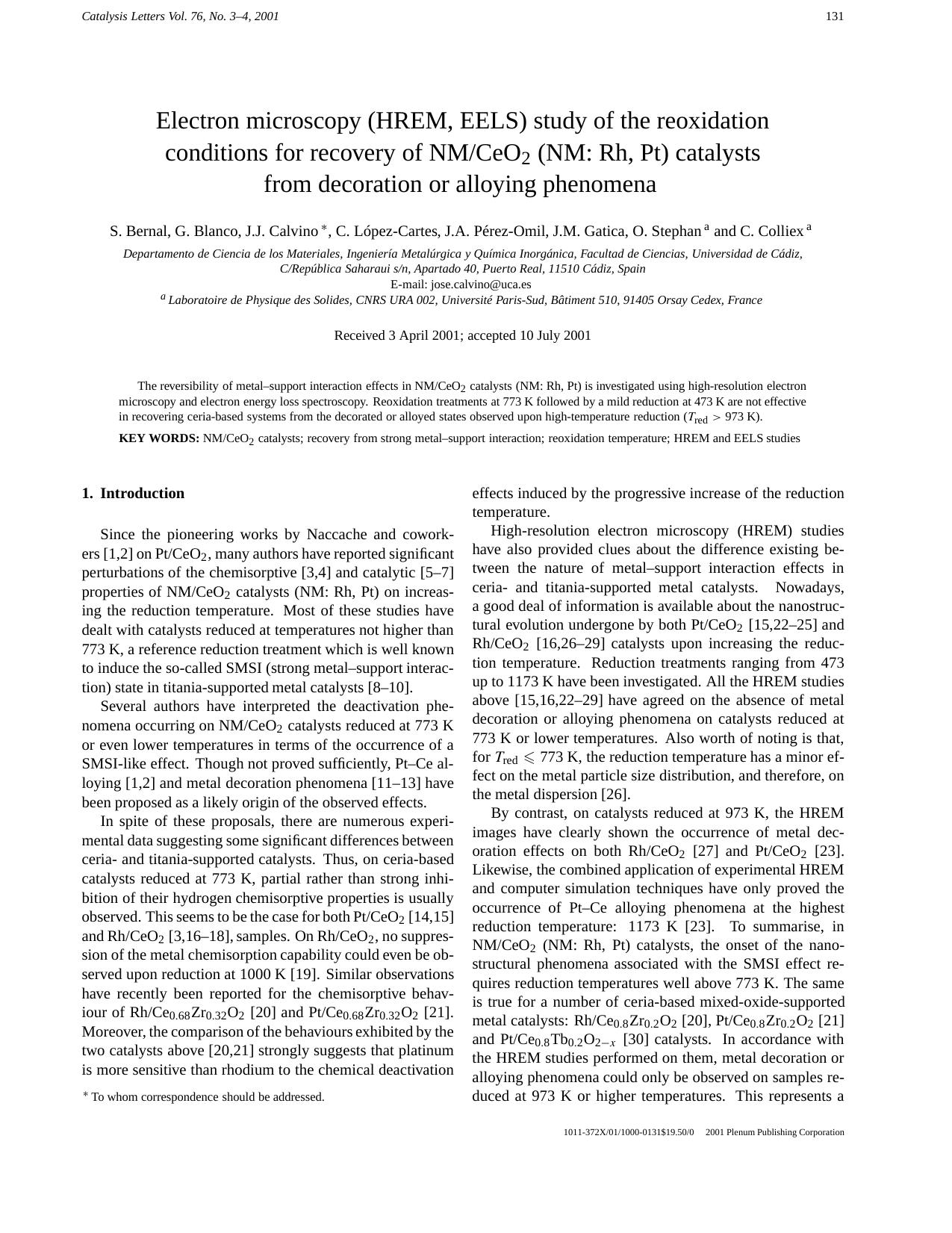 Electron Microscopy (HREM, EELS) Study of the Reoxidation Conditions for Recovery of NMCeO2 (NM: Rh, Pt) Catalysts from Decoration or Alloying Phenomena by Unknown