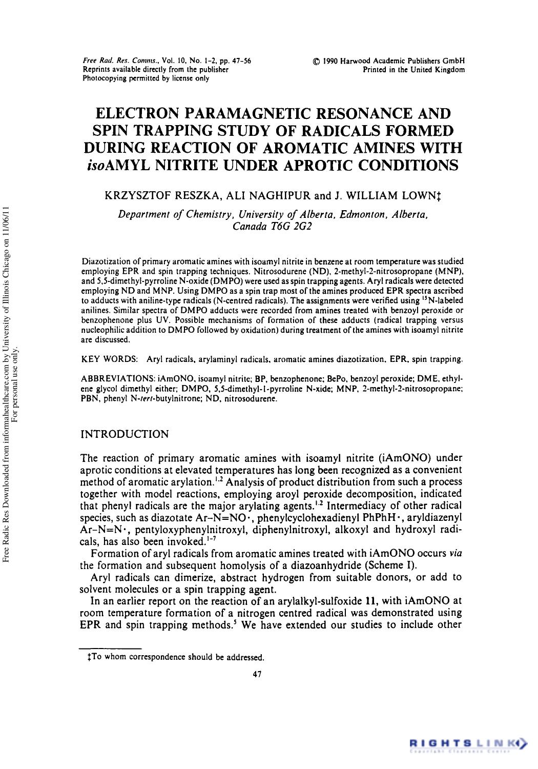 Electron Paramagnetic Resonance and Spin Trapping Study of Radicals Formed During Reaction of Aromatic Amines with isoAmyl Nitrite Under Aprotic Conditions by Krzysztof Reszka1 Ali Naghipur1 & J. William Lownz1