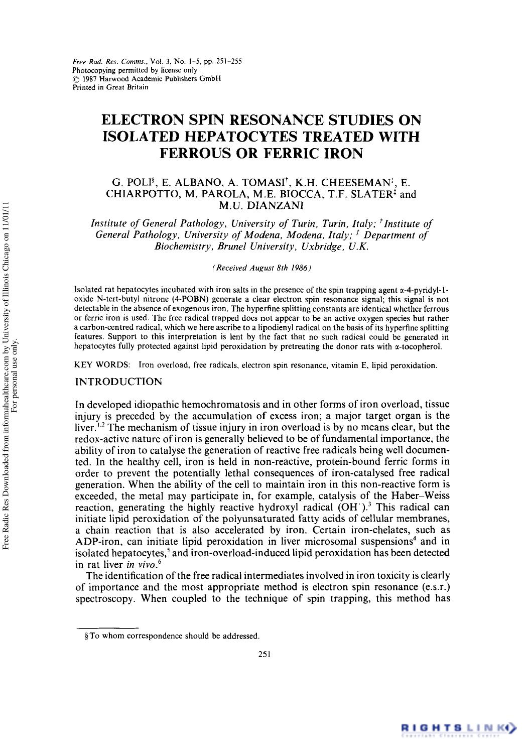 Electron Spin Resonance Studies on Isolated Hepatocytes Treated with Ferrous Or Ferric Iron by unknow