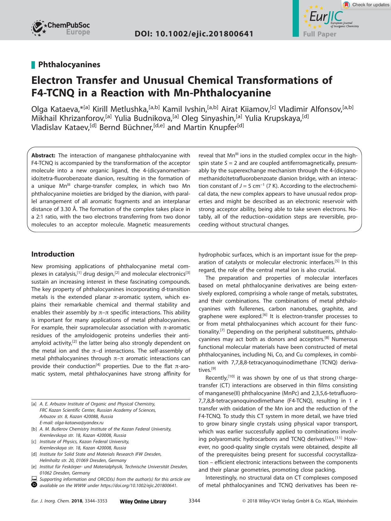 Electron Transfer and Unusual Chemical Transformations of F4âTCNQ in a Reaction with MnâPhthalocyanine by Unknown