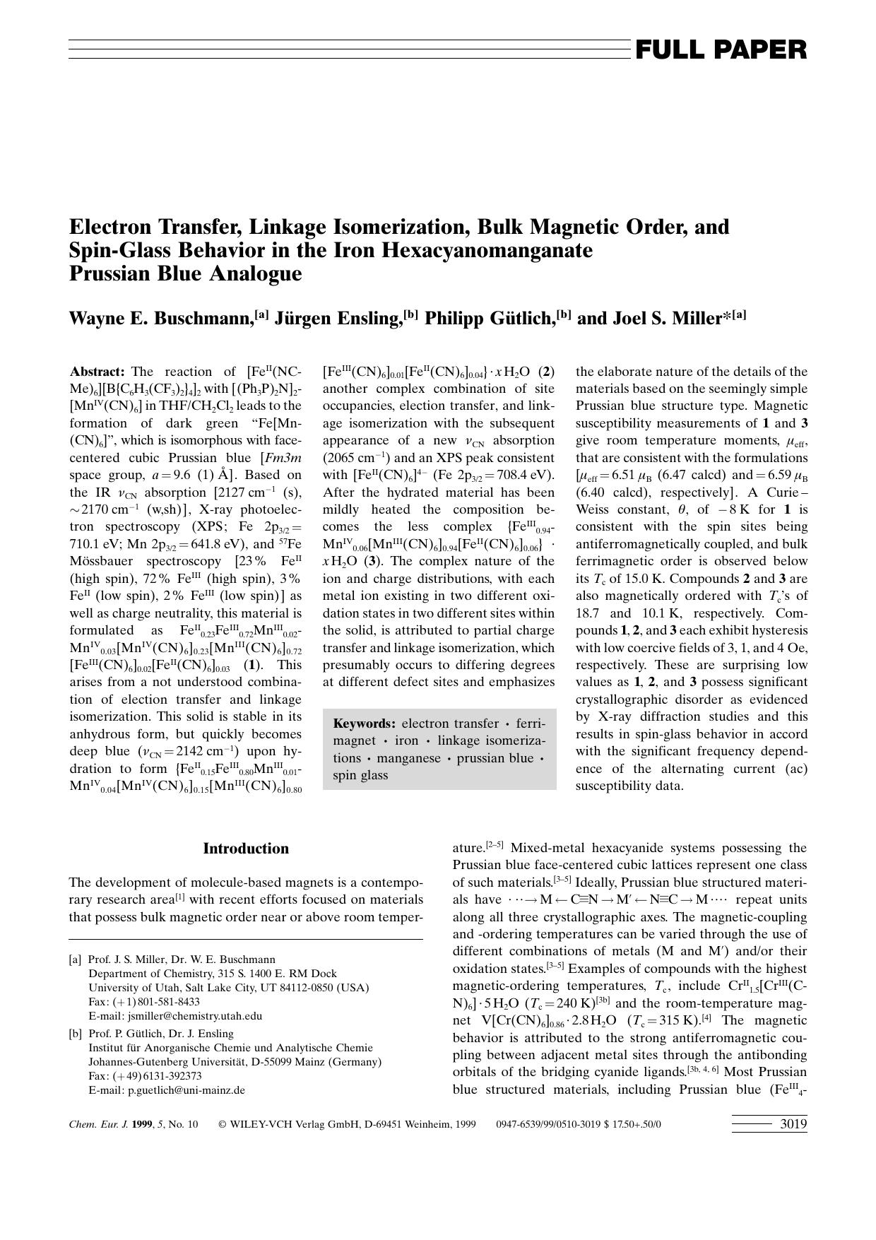 Electron Transfer, Linkage Isomerization, Bulk Magnetic Order, and Spin-Glass Behavior in the Iron Hexacyanomanganate Prussian Blue Analogue by Unknown