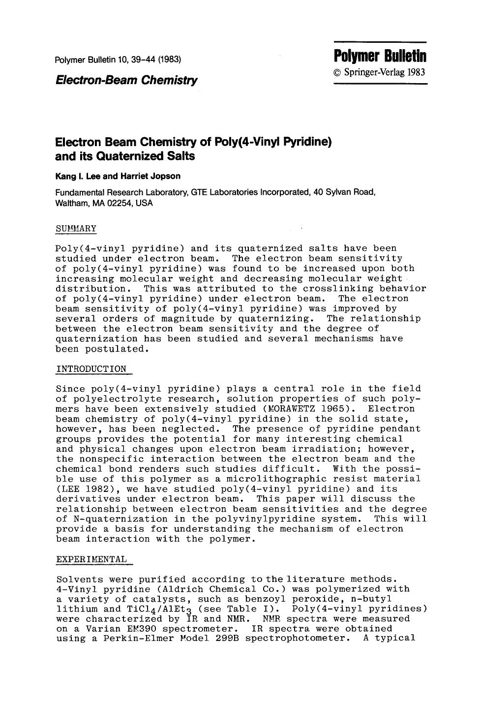 Electron beam chemistry of poly(4-vinyl pyridine) and its quaternized salts by Unknown