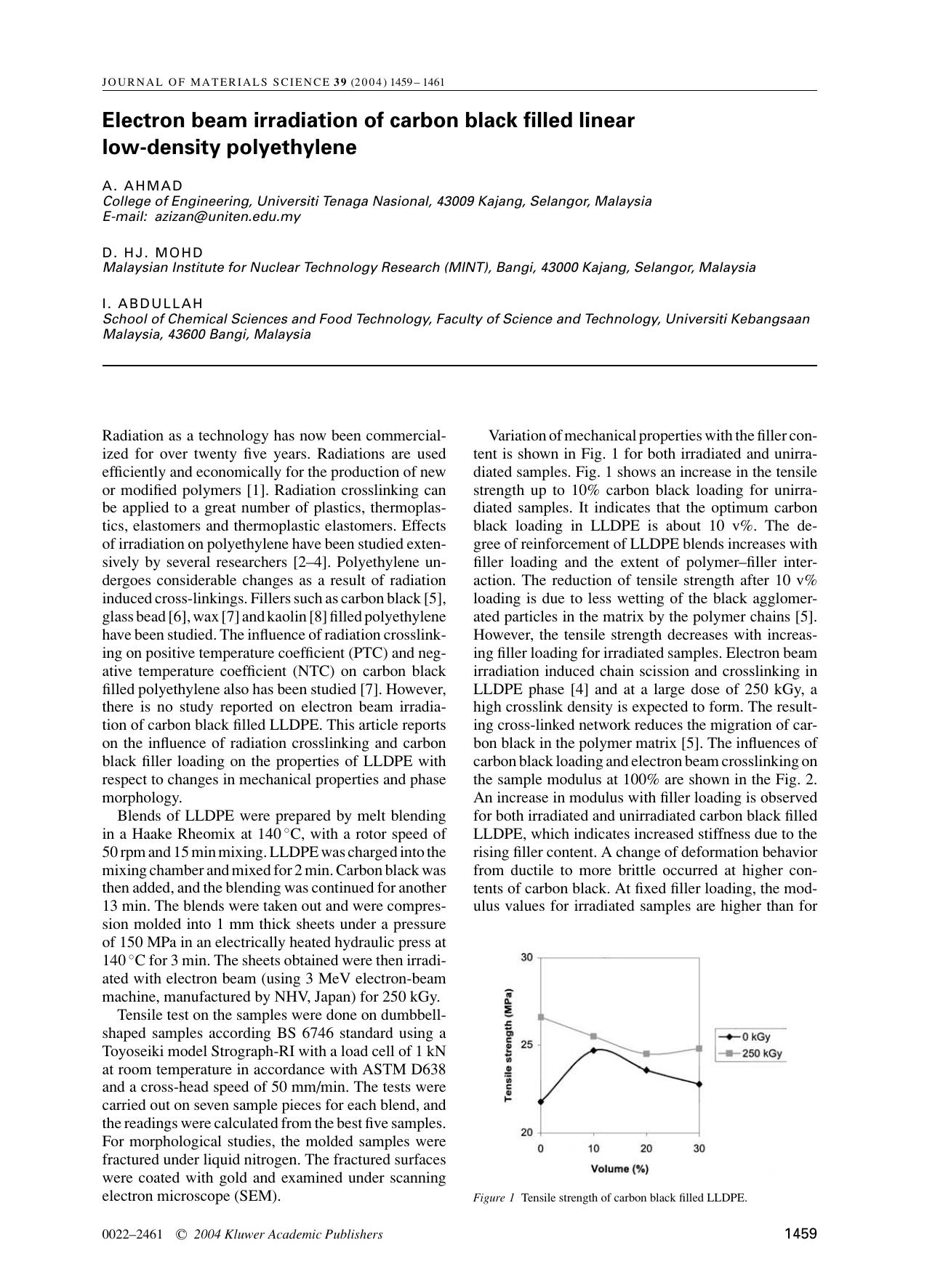 Electron beam irradiation of carbon black filled linear low-density polyethylene by Unknown