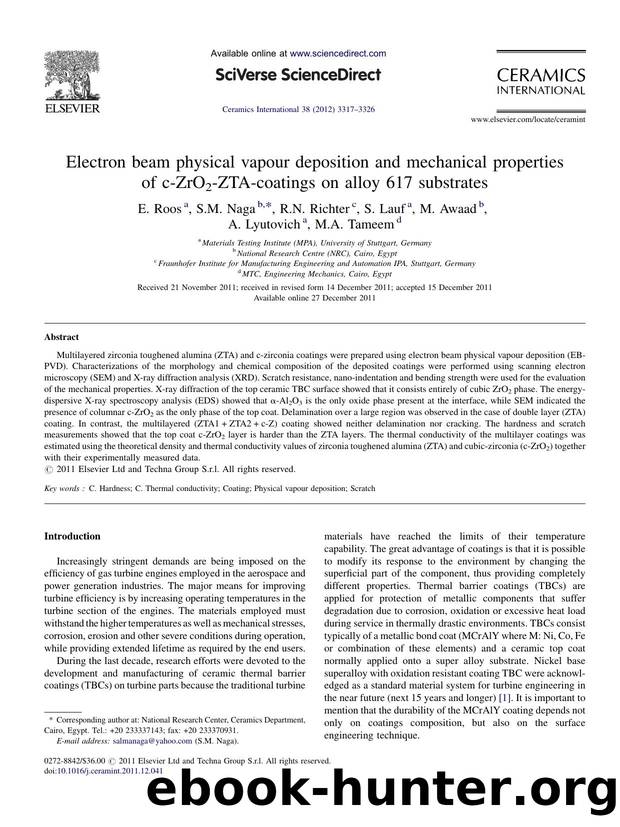 Electron beam physical vapour deposition and mechanical properties of c-ZrO2-ZTA-coatings on alloy 617 substrates by E. Roos