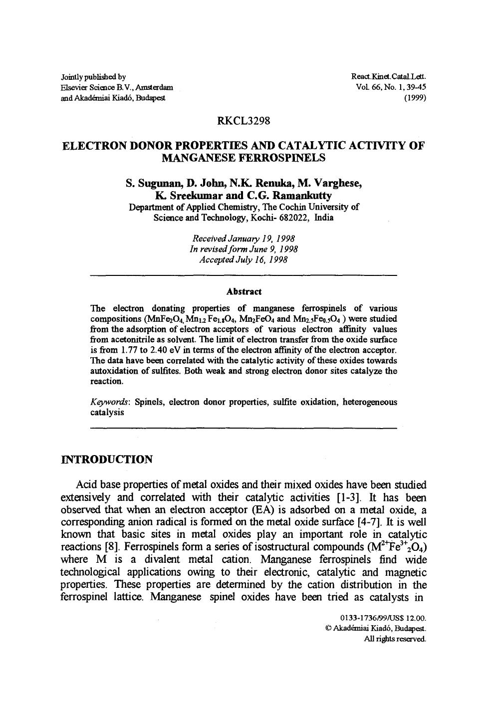 Electron donor properties and catalytic activity of manganese ferrospinels by Unknown