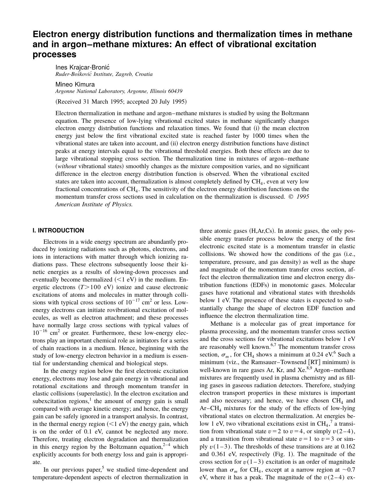 Electron energy distribution functions and thermalization times in methane and in argon-methane mixtures: An effect of vibrational excitation processes by Ines Krajcar-Bronic & Mineo Kimura