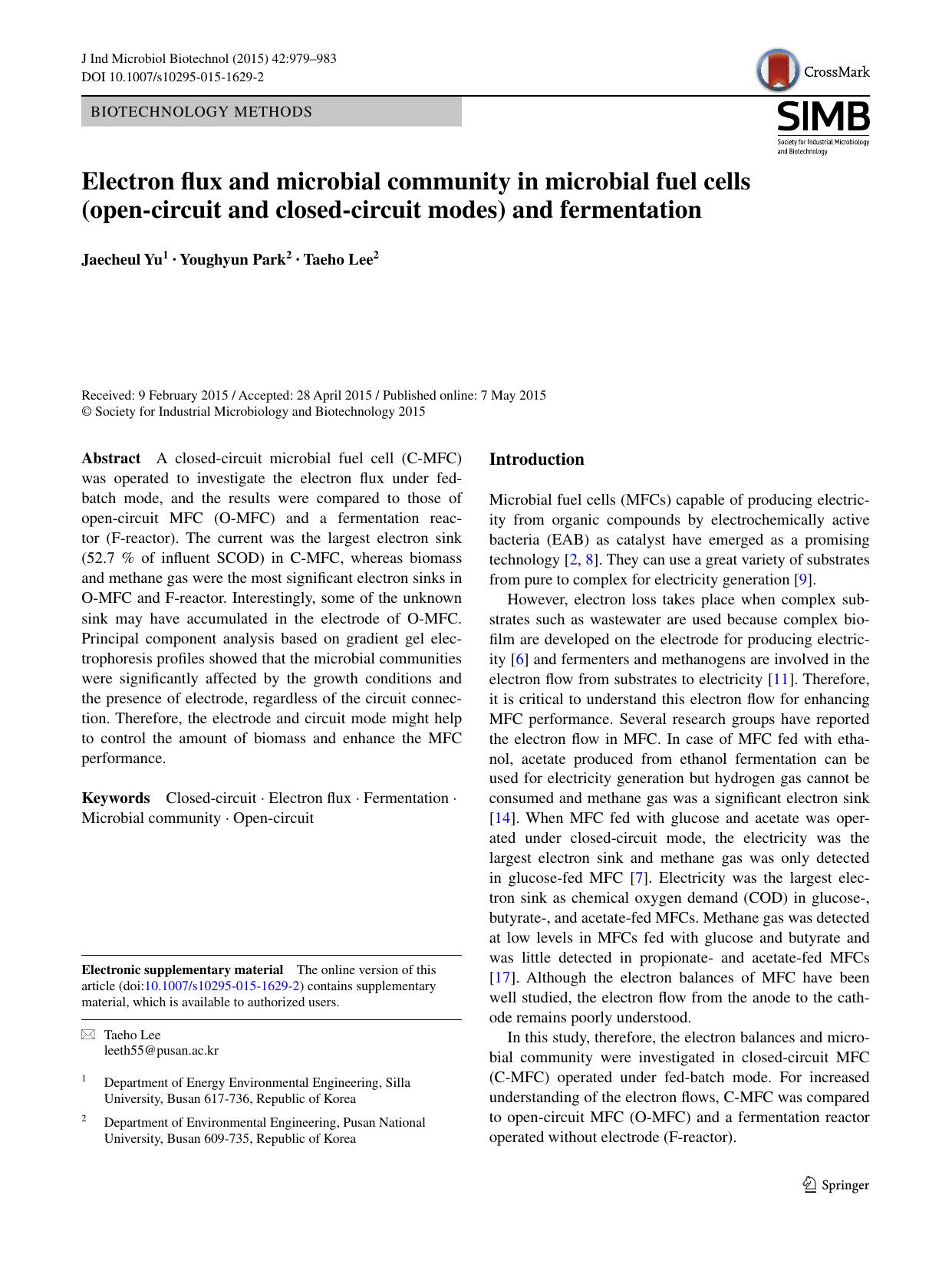 Electron flux and microbial community in microbial fuel cells (open-circuit and closed-circuit modes) and fermentation by Jaecheul Yu & Youghyun Park & Taeho Lee