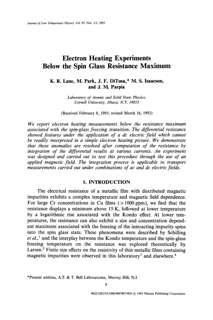 Electron heating experiments below the spin glass resistance maximum by Unknown