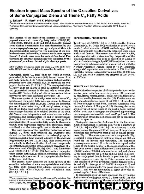 Electron impact mass spectra of the oxazoline derivatives of some conjugated diene and triene C <Subscript>18 <Subscript> fatty acids by Unknown