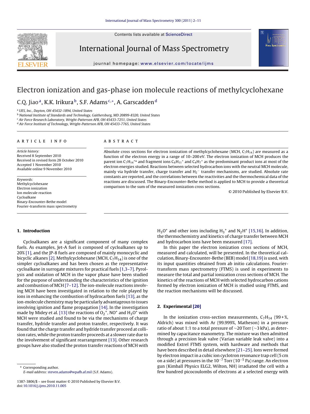Electron ionization and gas-phase ion molecule reactions of methylcyclohexane by C.Q. Jiao & K.K. Irikura & S.F. Adams & A. Garscadden