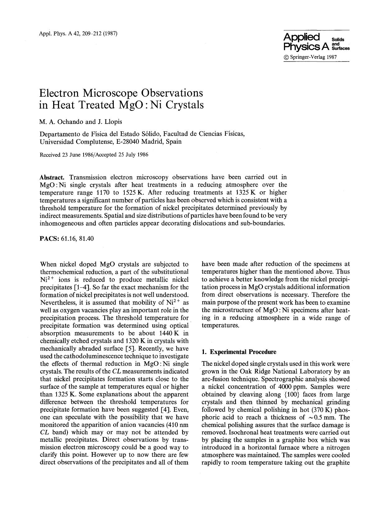 Electron microscope observations in heat treated MgO:Ni crystals by Unknown