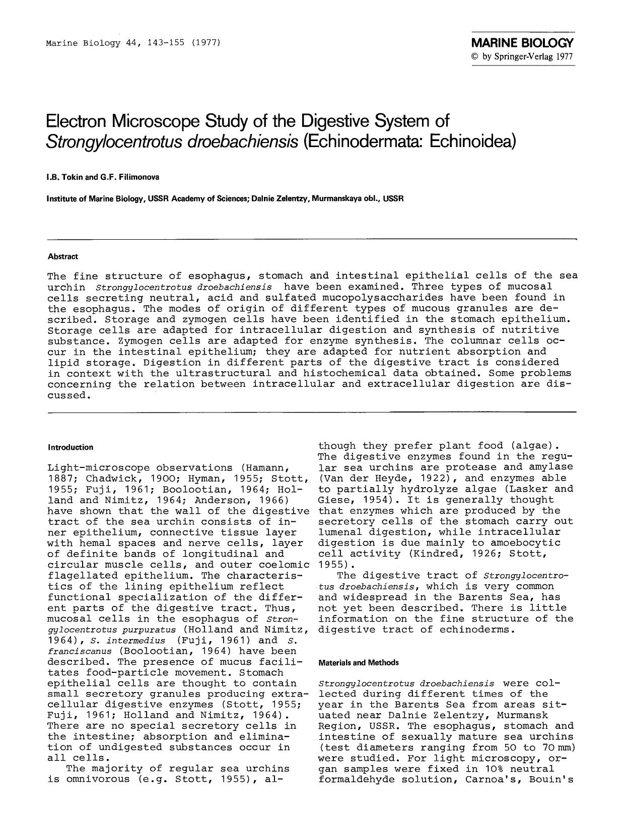 Electron microscope study of the digestive system of <Emphasis Type="Italic">Strongylocentrotus droebachiensis<Emphasis> (Echinodermata: Echinoidea) by Unknown