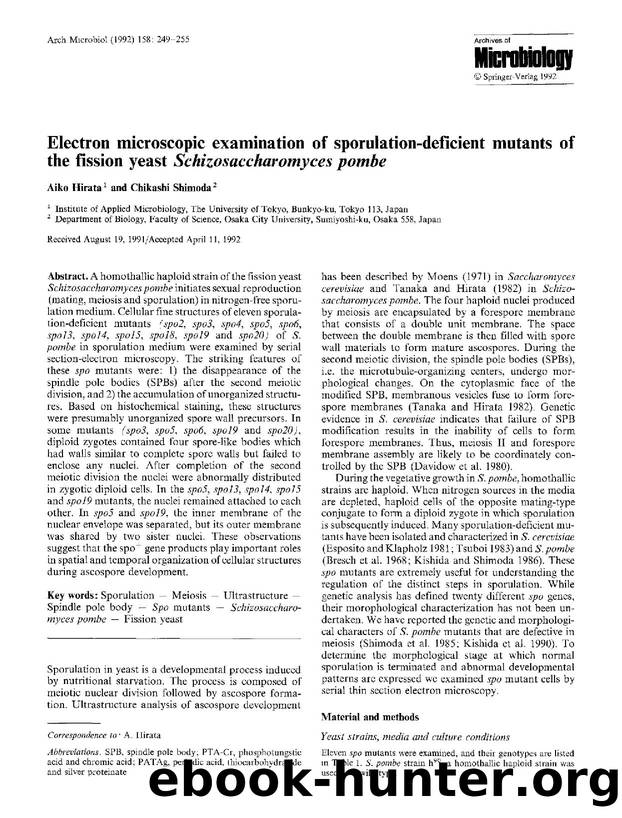 Electron microscopic examination of sporulation-deficient mutants of the fission yeast <Emphasis Type="Italic">Schizosaccharomyces pombe<Emphasis> by Unknown