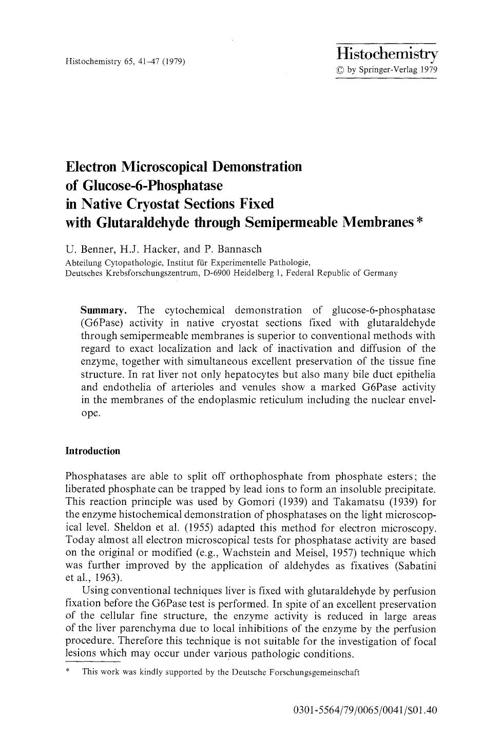 Electron microscopical demonstration of glucose-6-phosphatase in native cryostat sections fixed with glutaraldehyde through semipermeable membranes by Unknown