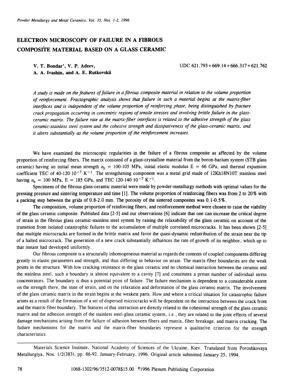 Electron microscopy of failure in a fibrous composite material based on a glass ceramic by Unknown