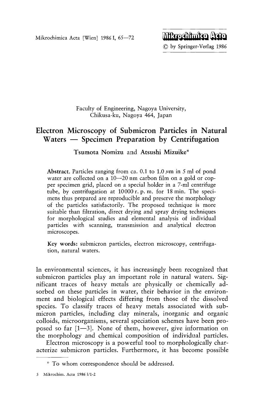 Electron microscopy of submicron particles in natural waters — Specimen preparation by centrifugation by Unknown