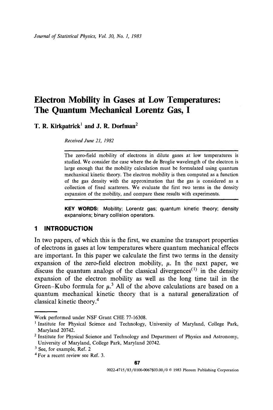Electron mobility in gases at low temperatures: The quantum mechanical Lorentz gas, I by Unknown