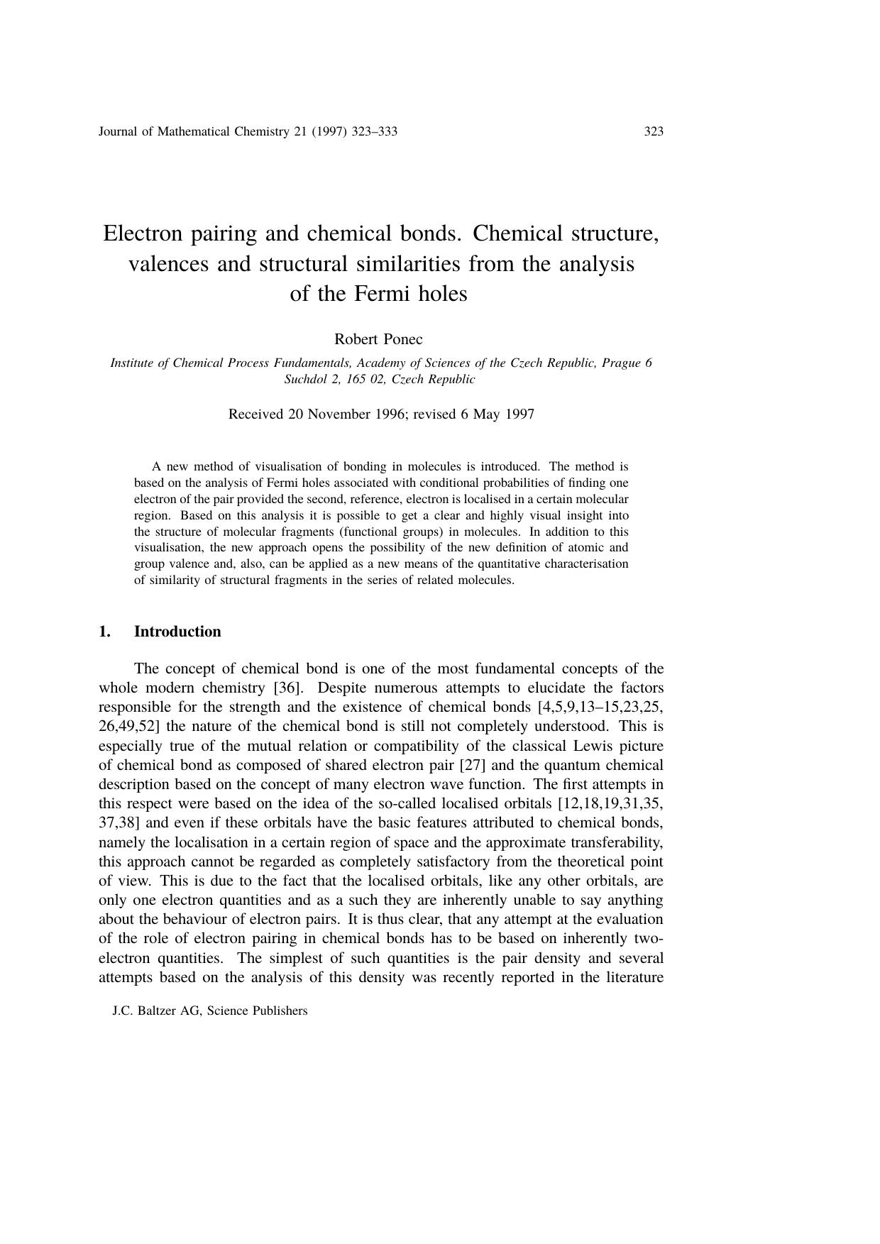 Electron pairing and chemical bonds. Chemical structure, valences and structural similarities from the analysis of the Fermi holes by Unknown