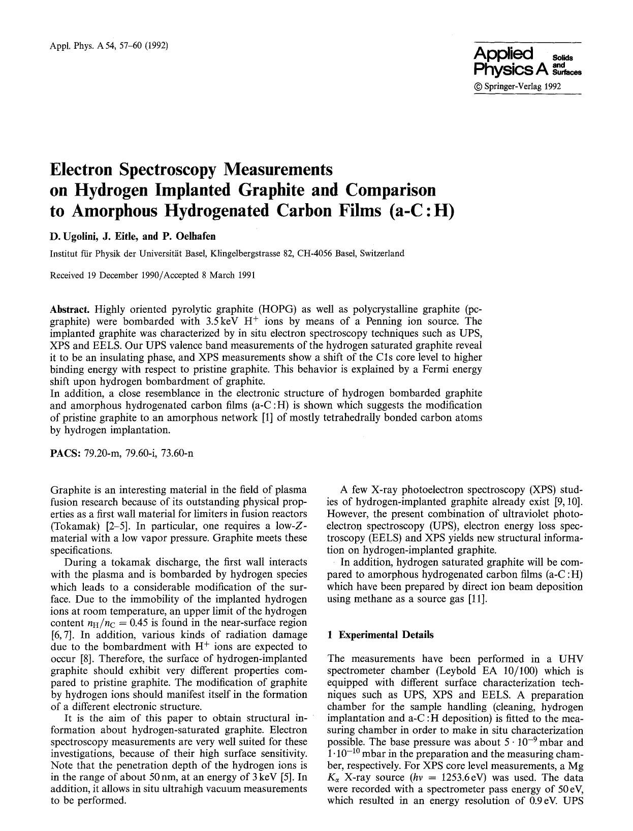 Electron spectroscopy measurements on hydrogen implanted graphite and comparison to amorphous hydrogenated carbon films (a-C:H) by Unknown