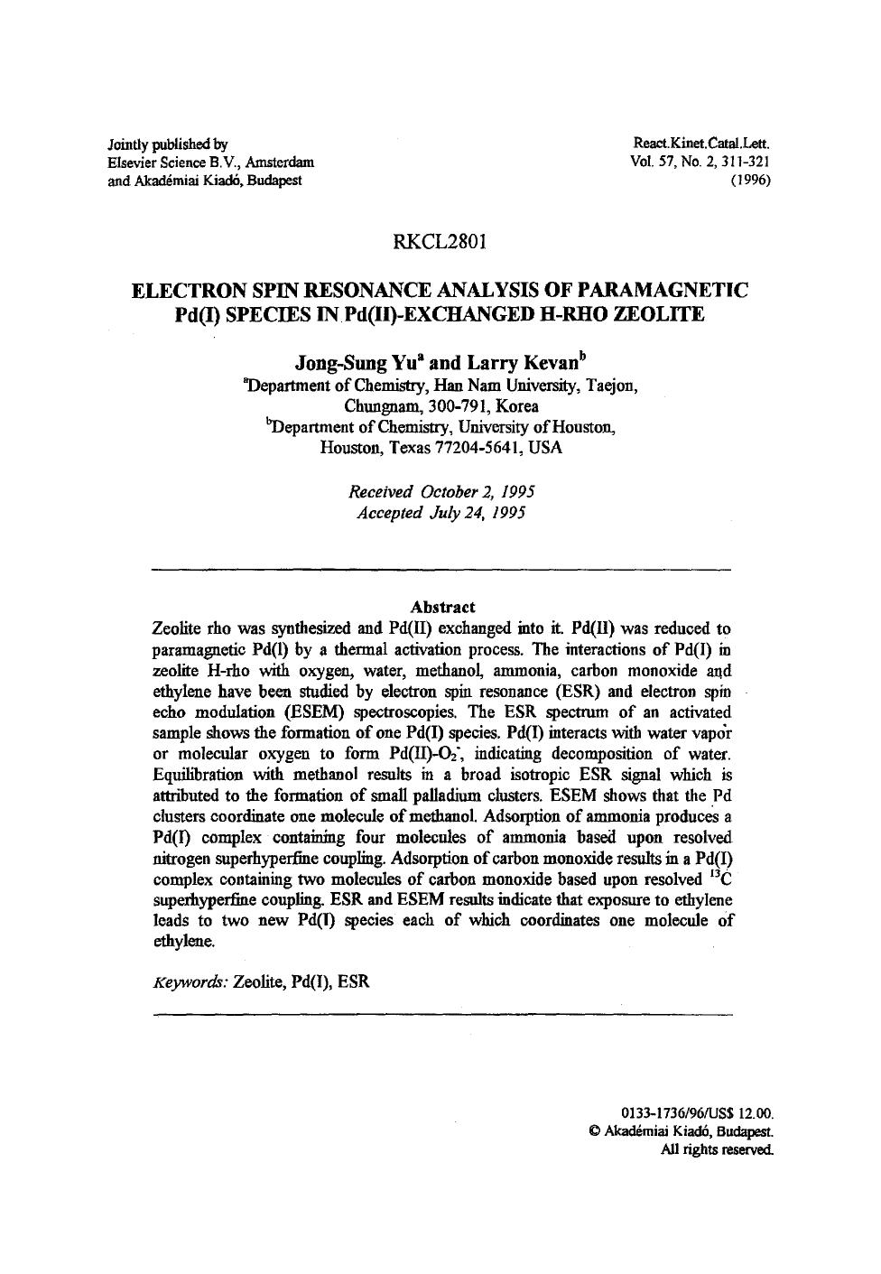 Electron spin resonance analysis of paramagnetic Pd(I) species in Pd(II)-exchanged H-rho zeolite by Unknown