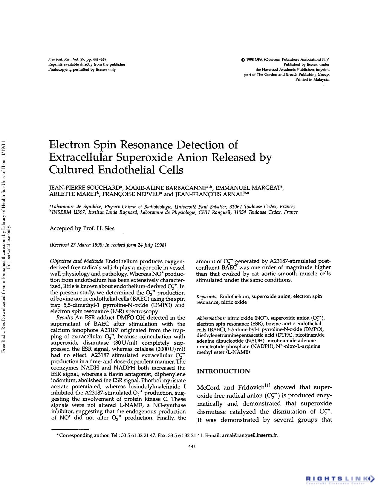Electron spin resonance detection of extracellular superoxide anion released by cultured endothelial cells by unknow
