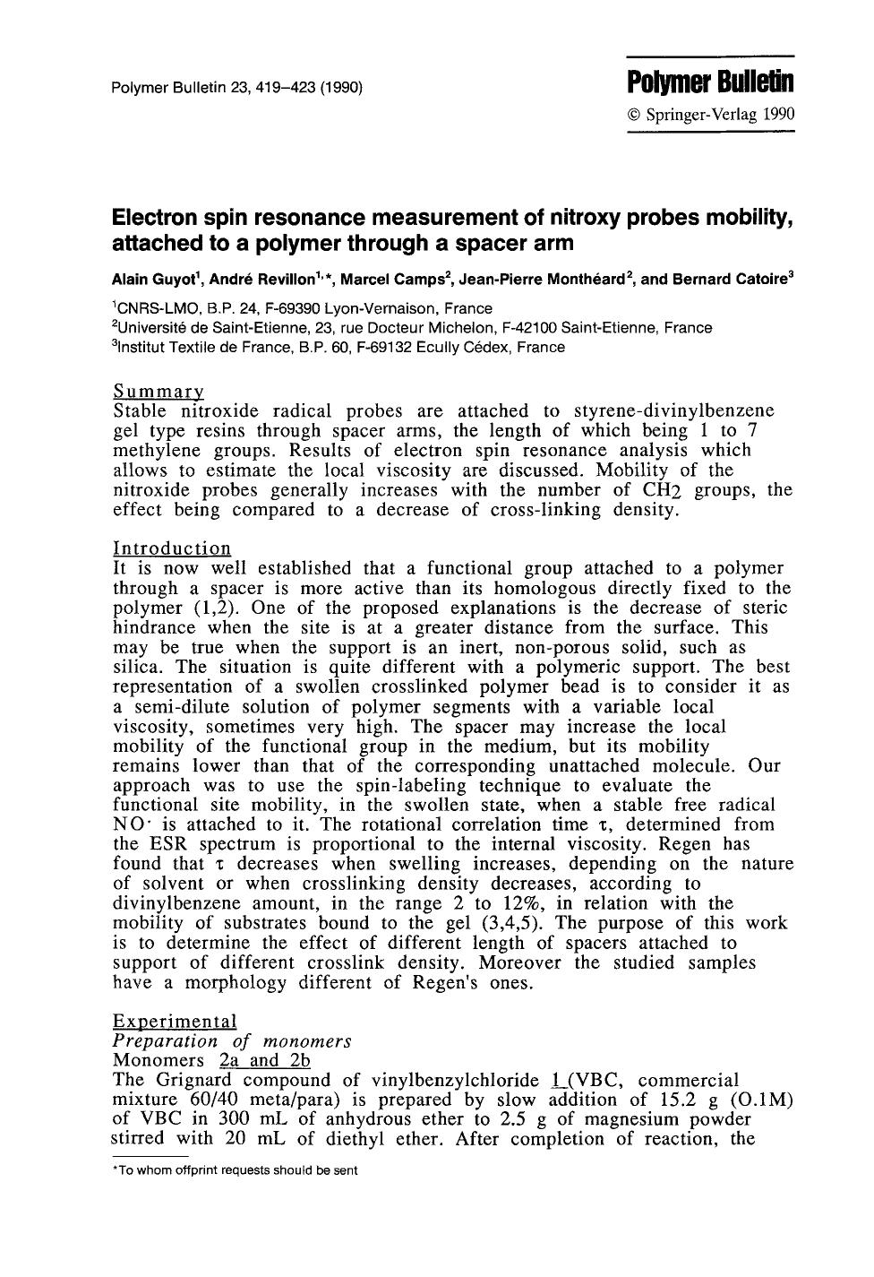 Electron spin resonance measurement of nitroxy probes mobility, attached to a polymer through a spacer arm by Unknown