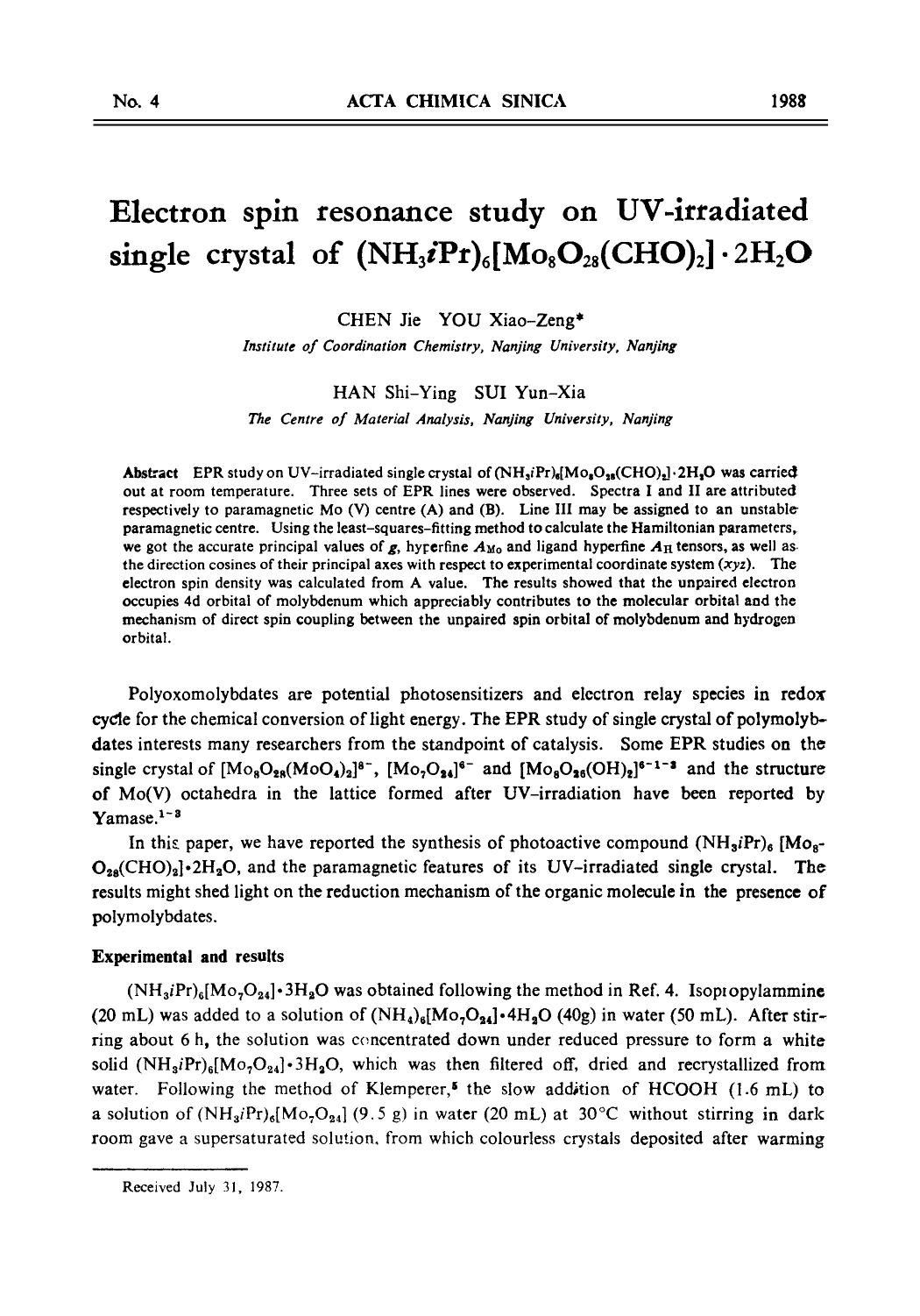 Electron spin resonance study on UVirradiated single crystal of (NH3iPr)6[Mo8O28(CHO)2] 2H2O by Unknown