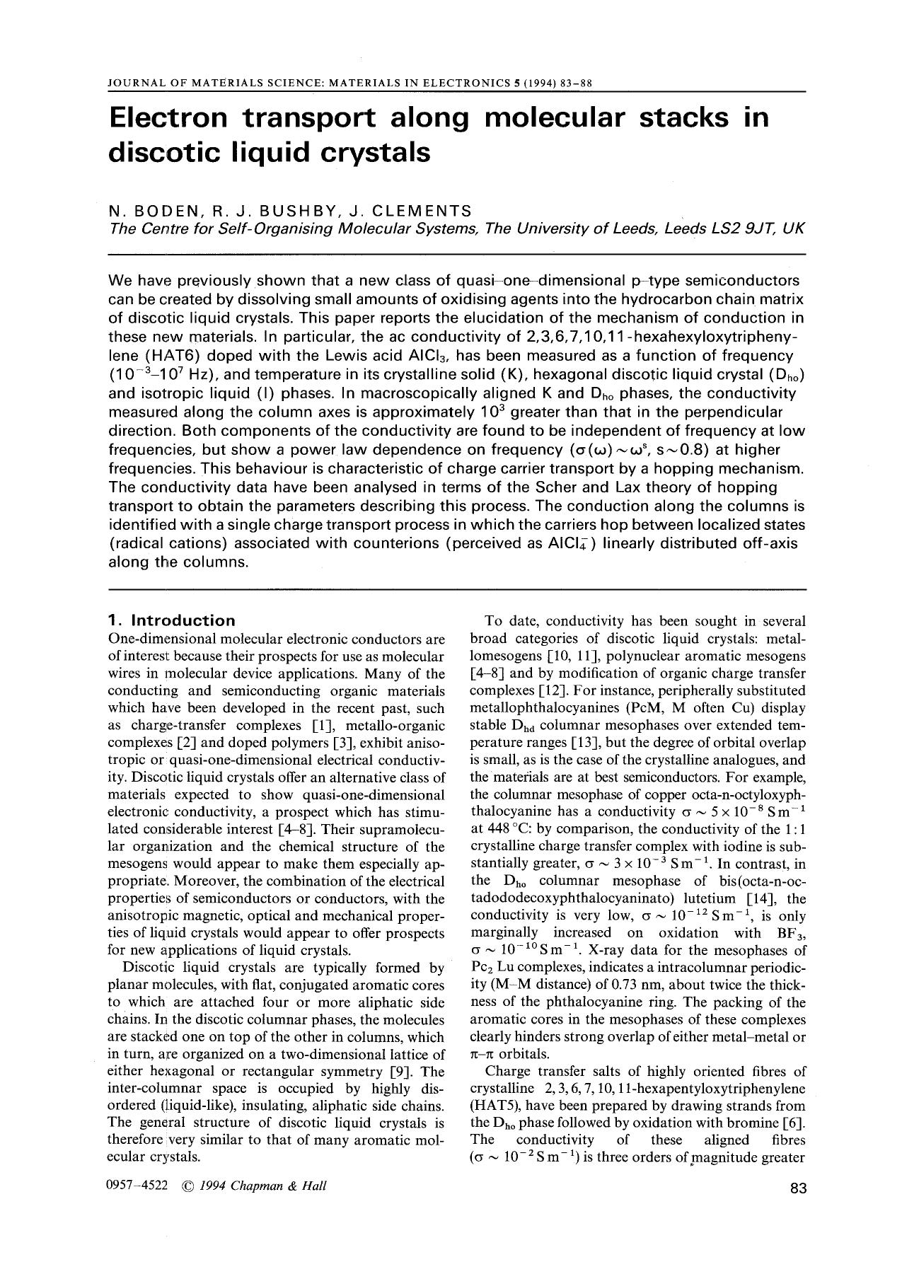 Electron transport along molecular stacks in discotic liquid crystals by Unknown