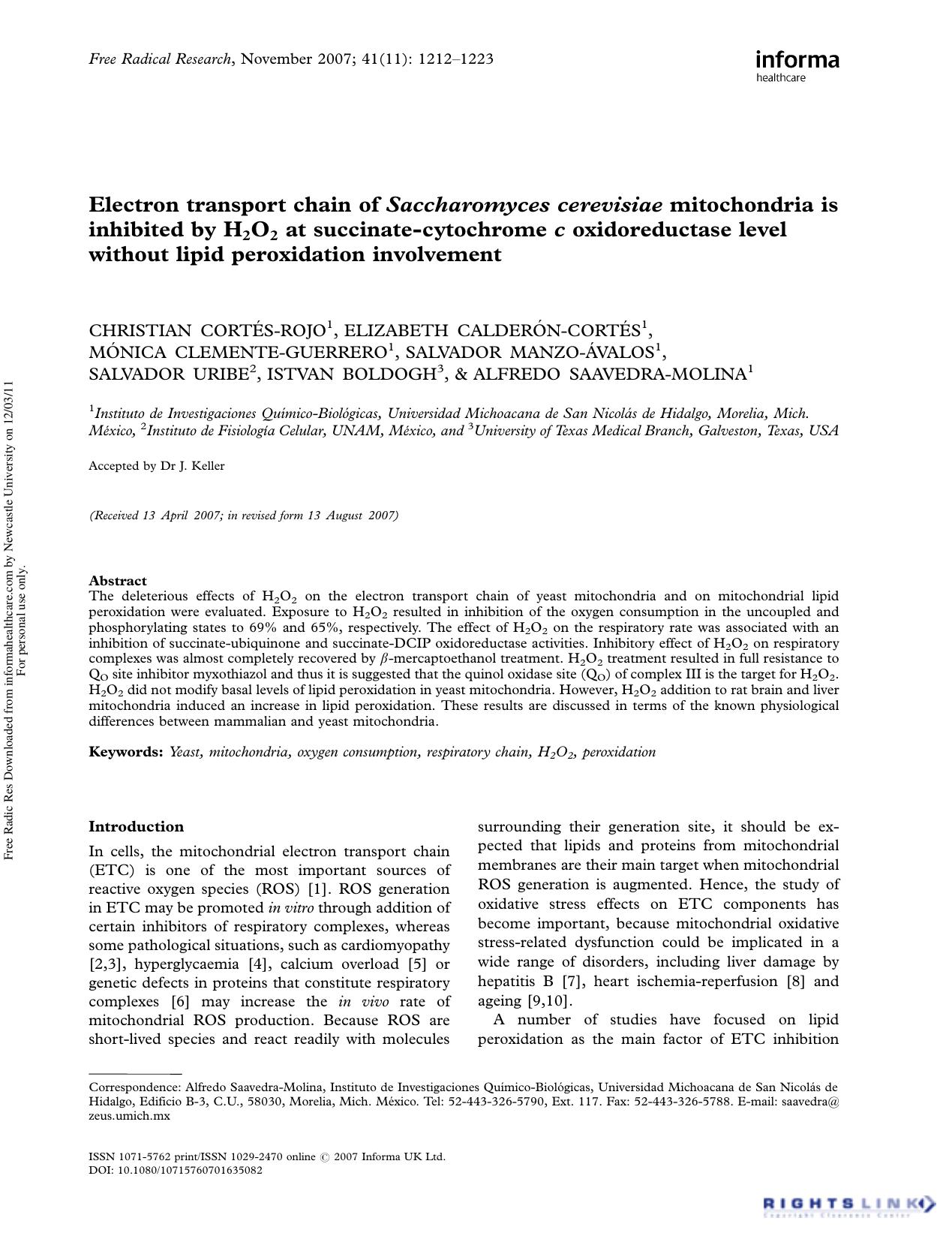 Electron transport chain of Saccharomyces cerevisiae mitochondria is inhibited by H2O2 at succinate-cytochrome c oxidoreductase level without lipid peroxidation involvement by unknow
