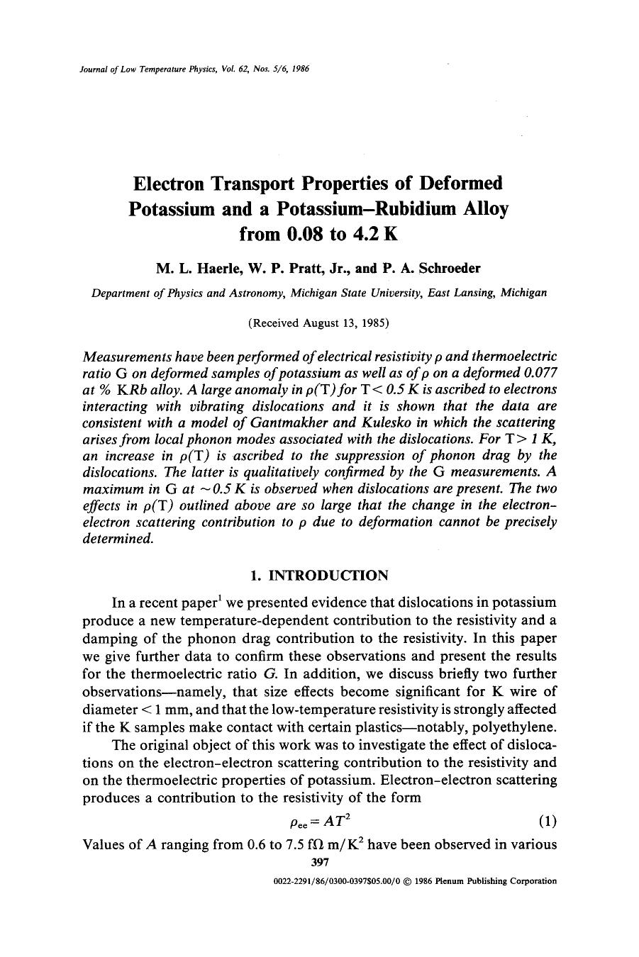 Electron transport properties of deformed potassium and a potassium-rubidium alloy from 0.08 to 4.2 K by Unknown
